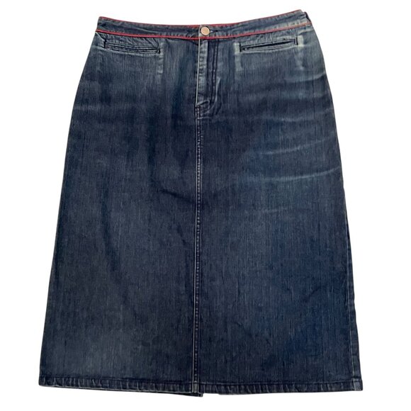 Vtg Tommy Hilfiger Denim Blue Jean Skirt Red Stitch Logo Stretch Pockets Midi - Picture 2 of 11